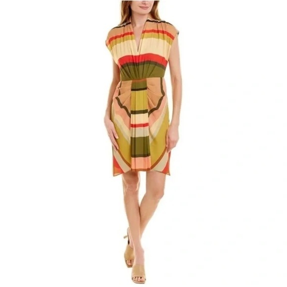 Toccin NYC Sarong Dress Multicolor Striped Pleated Front Sheath Dress Size 4 - Picture 3 of 11